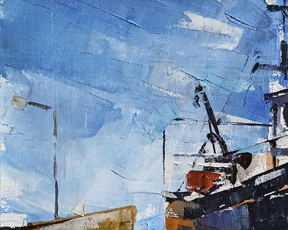Oil painting Ship in port by Volodymyr Gluhomanyuk with bold blue brushstrokes
