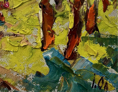 Vibrant Oleksiy Ivanyuk oil painting On a walk in the forest with textured yellow-green and orange-red layers
