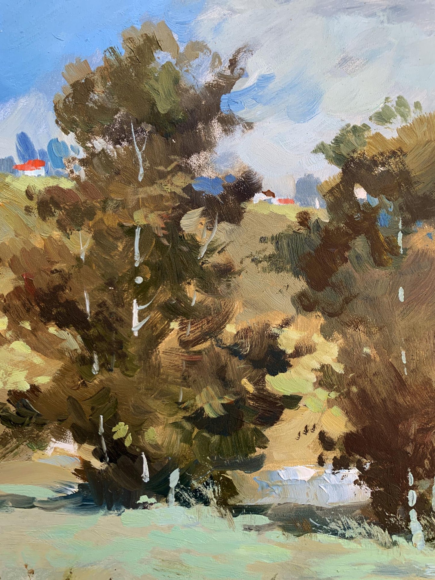 Textured oil painting of village pond with lush trees by Yuriy Suprunchuk