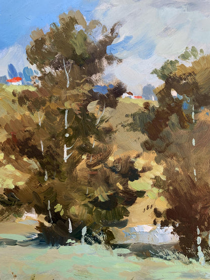 Textured oil painting of village pond with lush trees by Yuriy Suprunchuk