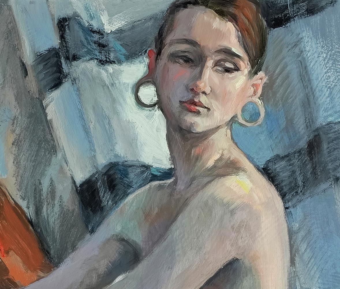 Oil painting of pensive girl with short brown hair by Oksana Osnach