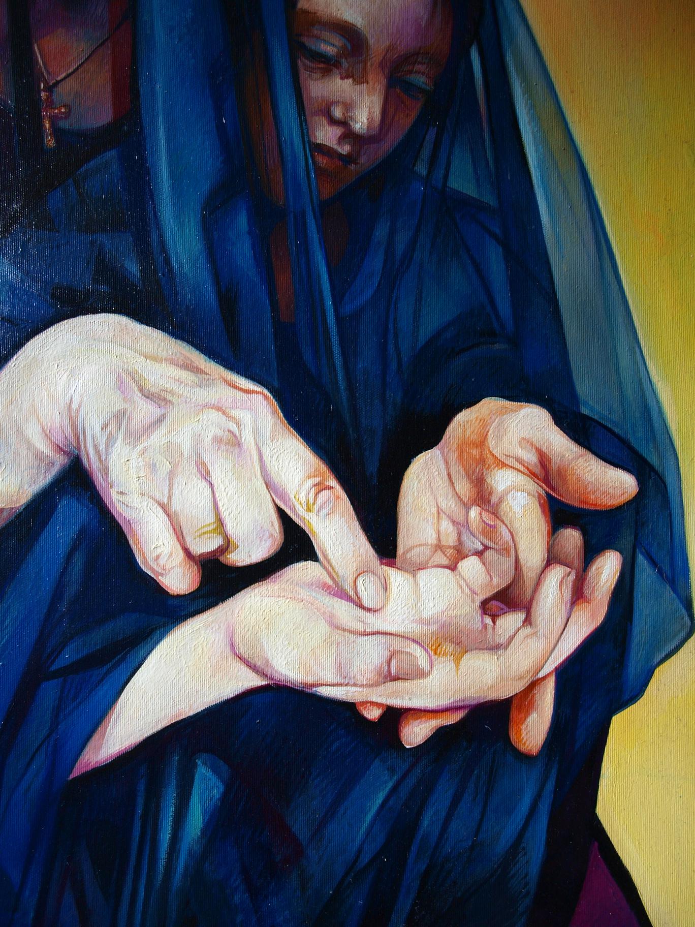 Oil painting by Fate Konsta G. Amelinn: woman in blue robes cradling infant hand