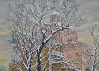 Snow-dusted trees frame stone domed church in Leonid Pavlenko oil painting