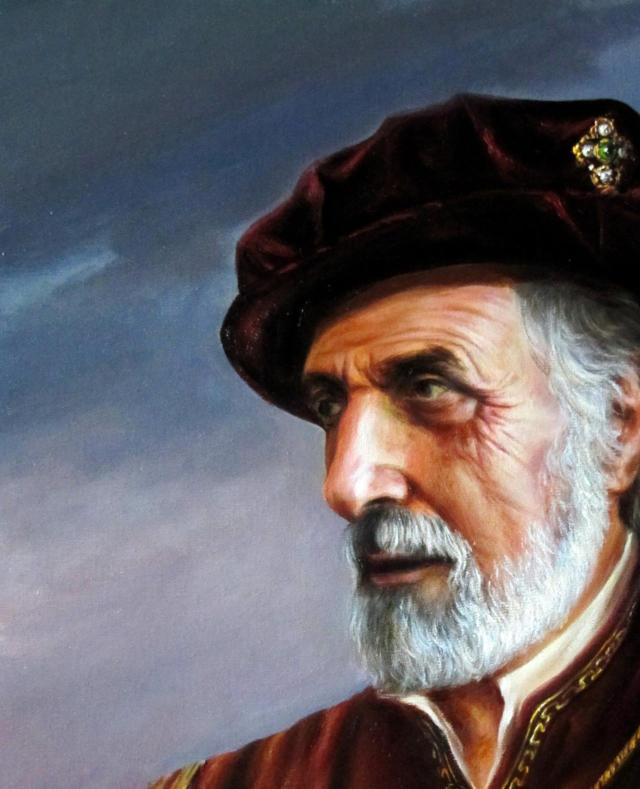 Oil painting of burgundy velvet cap with jeweled emblem from The Merchant of Venice by Valeriy Bulat