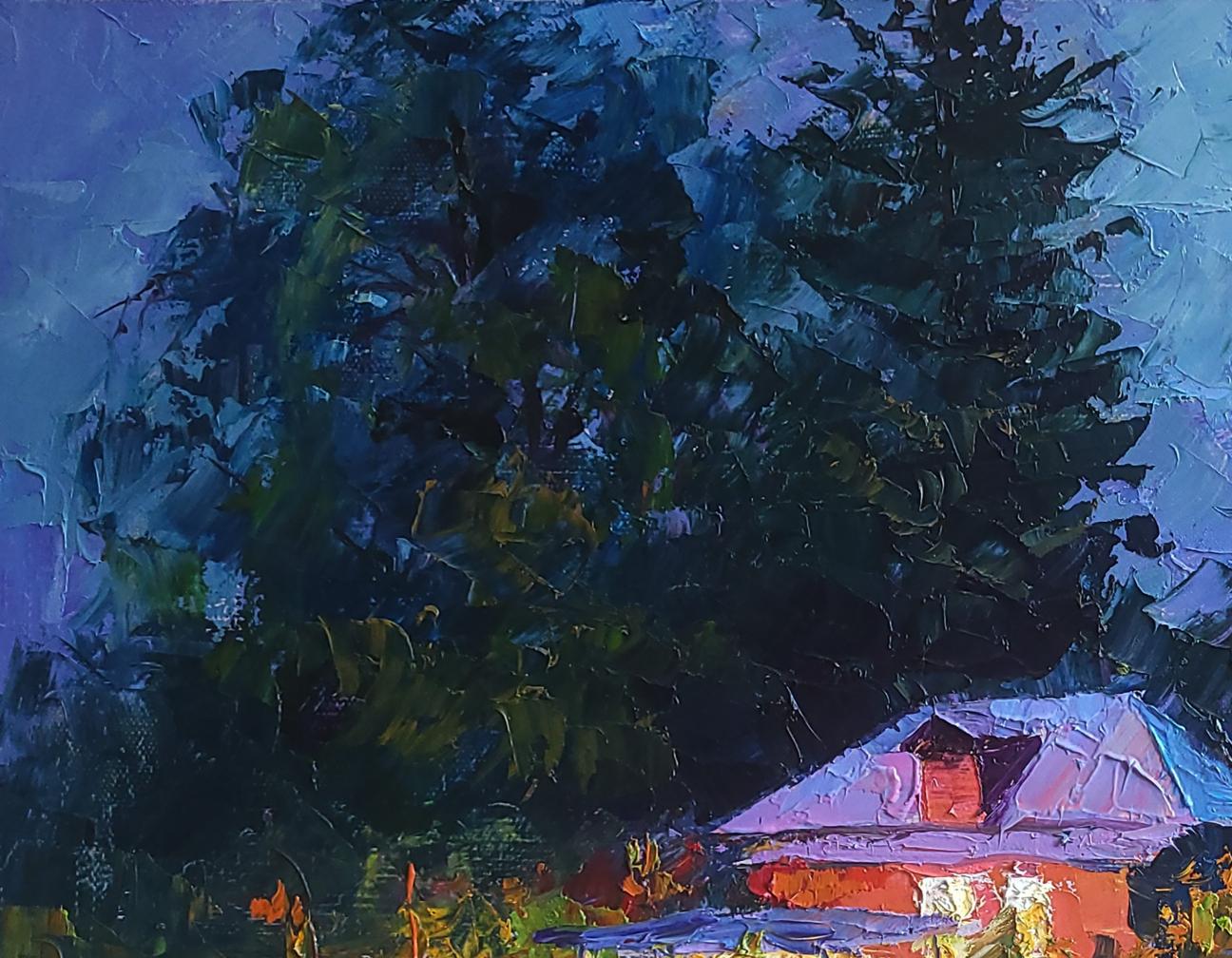 Vibrant impressionist oil painting Evening by Boris Serdyuk: red house under blue green trees