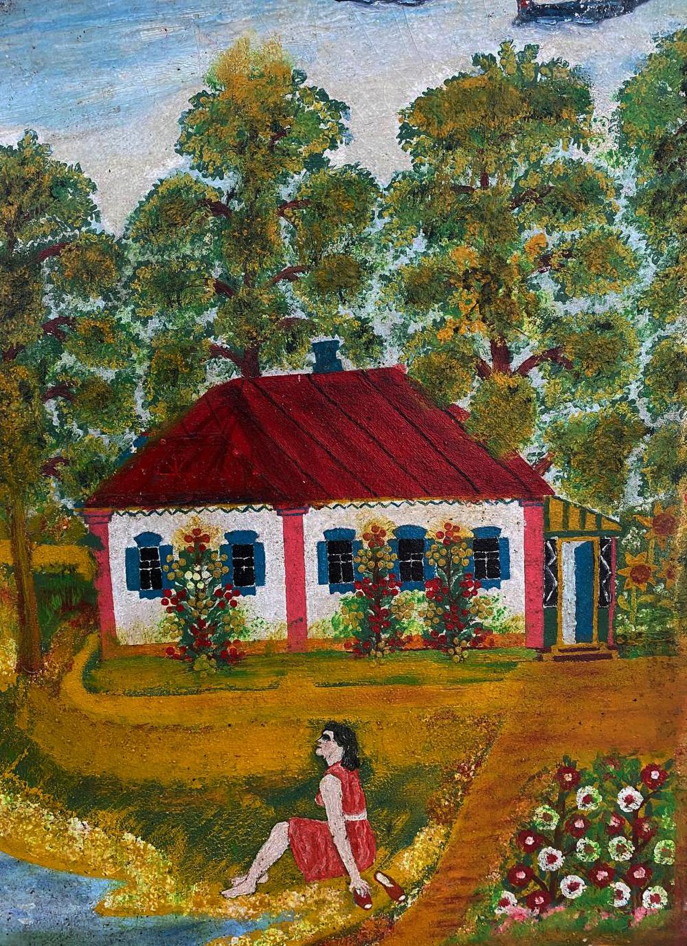Oil painting of charming white house with red roof by unknown artist