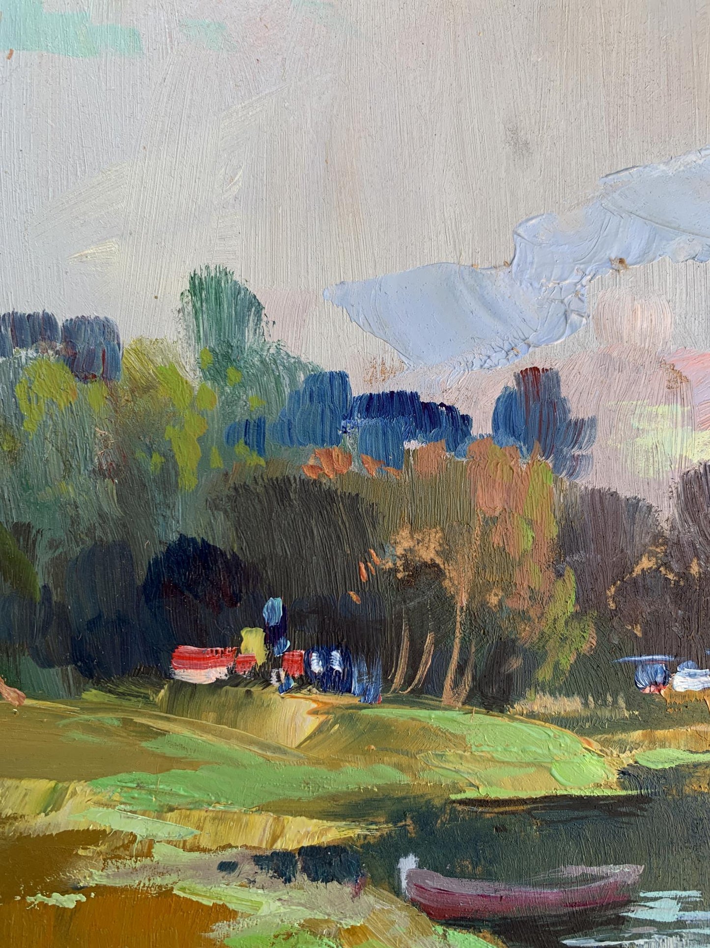 Textured oil painting of serene lakeside on Yuriy Suprunchuk left river bank