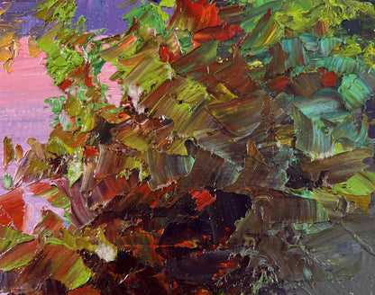 Oil painting The Temple by the River by Boris Serdyuk, vibrant green red purple strokes