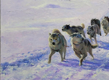 Oil painting of sled dogs sledding in snowy mountains by Boris Serdyuk