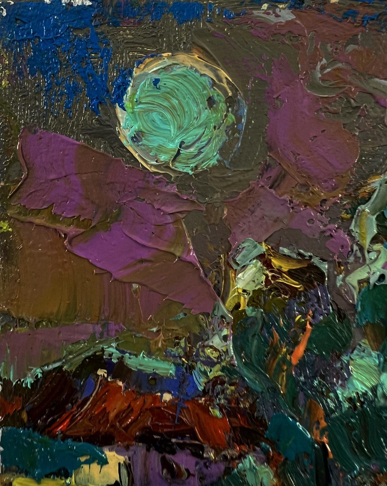 Oil painting The moon shines over the field by Oleksiy Ivanyuk, textured impasto abstract