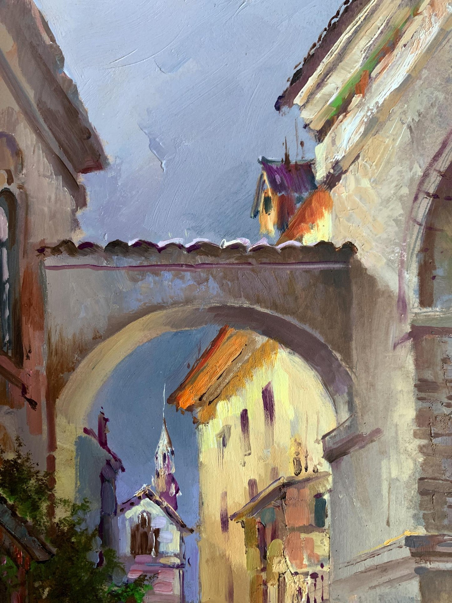 Textured oil painting by Yuriy Suprunchuk of sunlit stone archway in old city streets