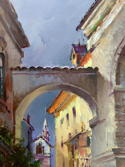 Textured oil painting by Yuriy Suprunchuk of sunlit stone archway in old city streets