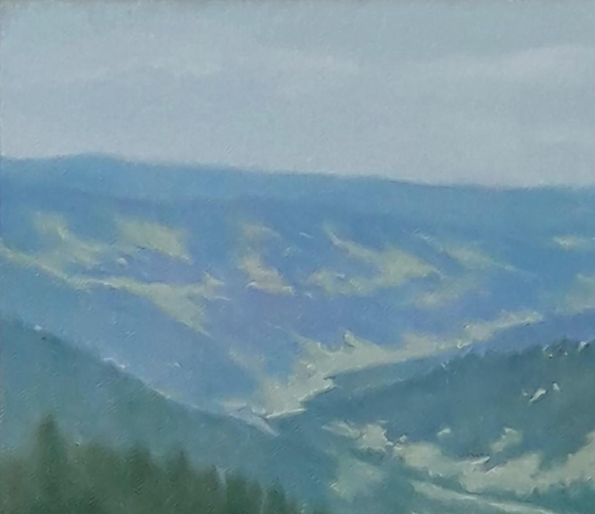 Oil painting of forested mountains by Vasily Korkishko