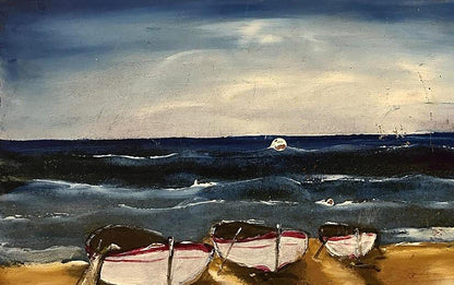 Oil painting of three weathered rowboats on sandy beach by unknown artist