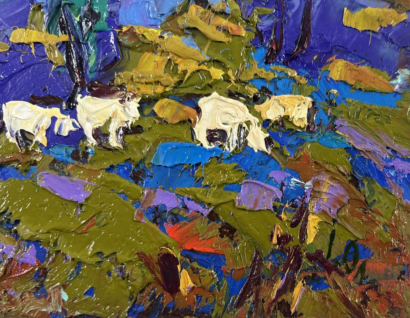 Vibrant impressionist oil painting of sheep grazing in evening light by Oleksiy Ivanyuk