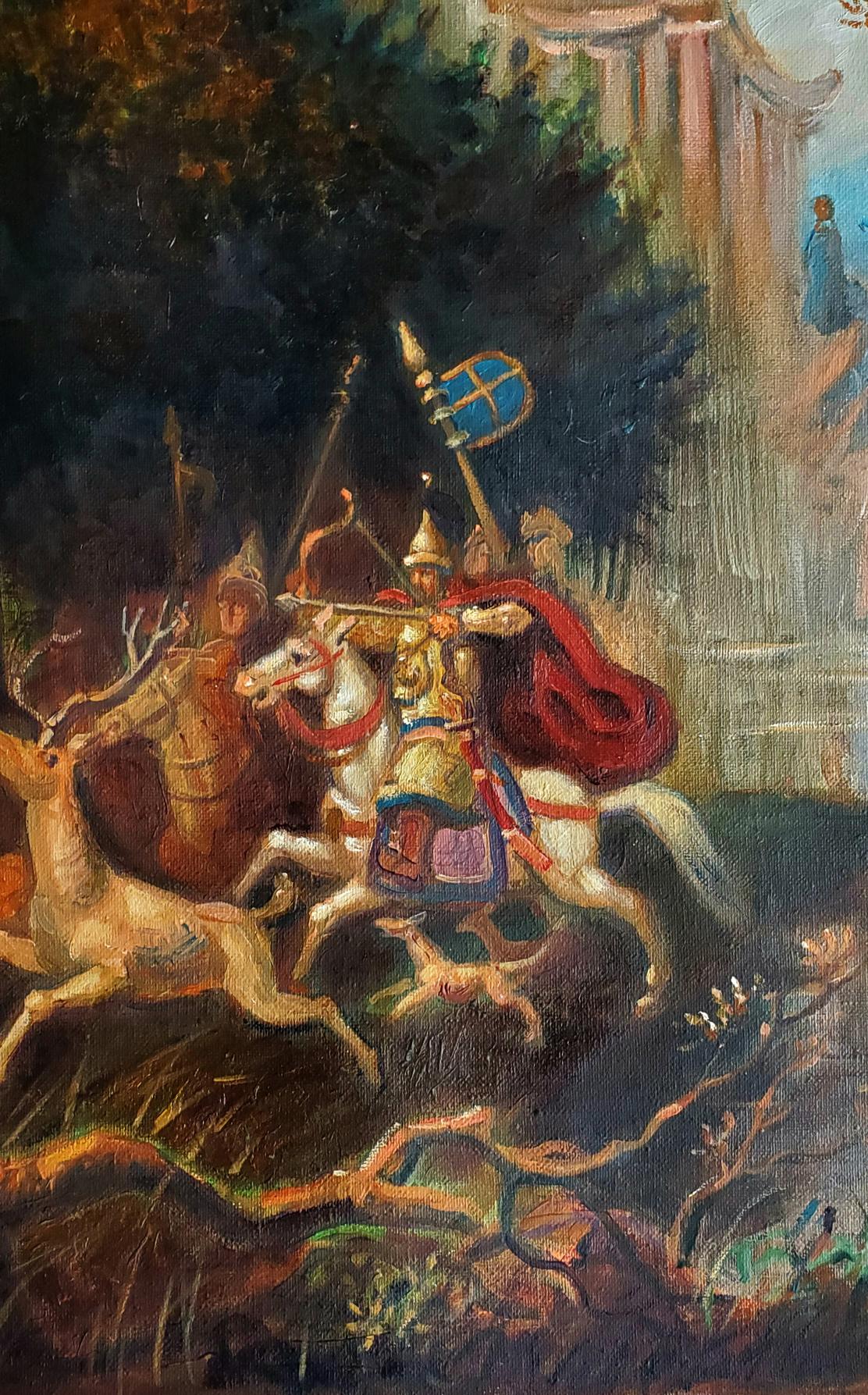 Oil painting Hunting in Ancient China by Daniil Litvinov knight on horseback