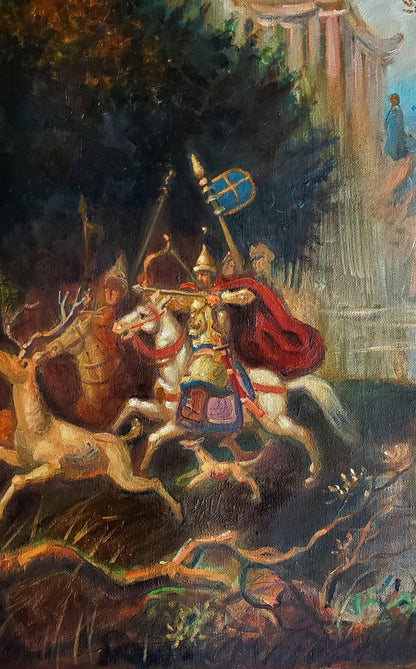 Oil painting Hunting in Ancient China by Daniil Litvinov knight on horseback