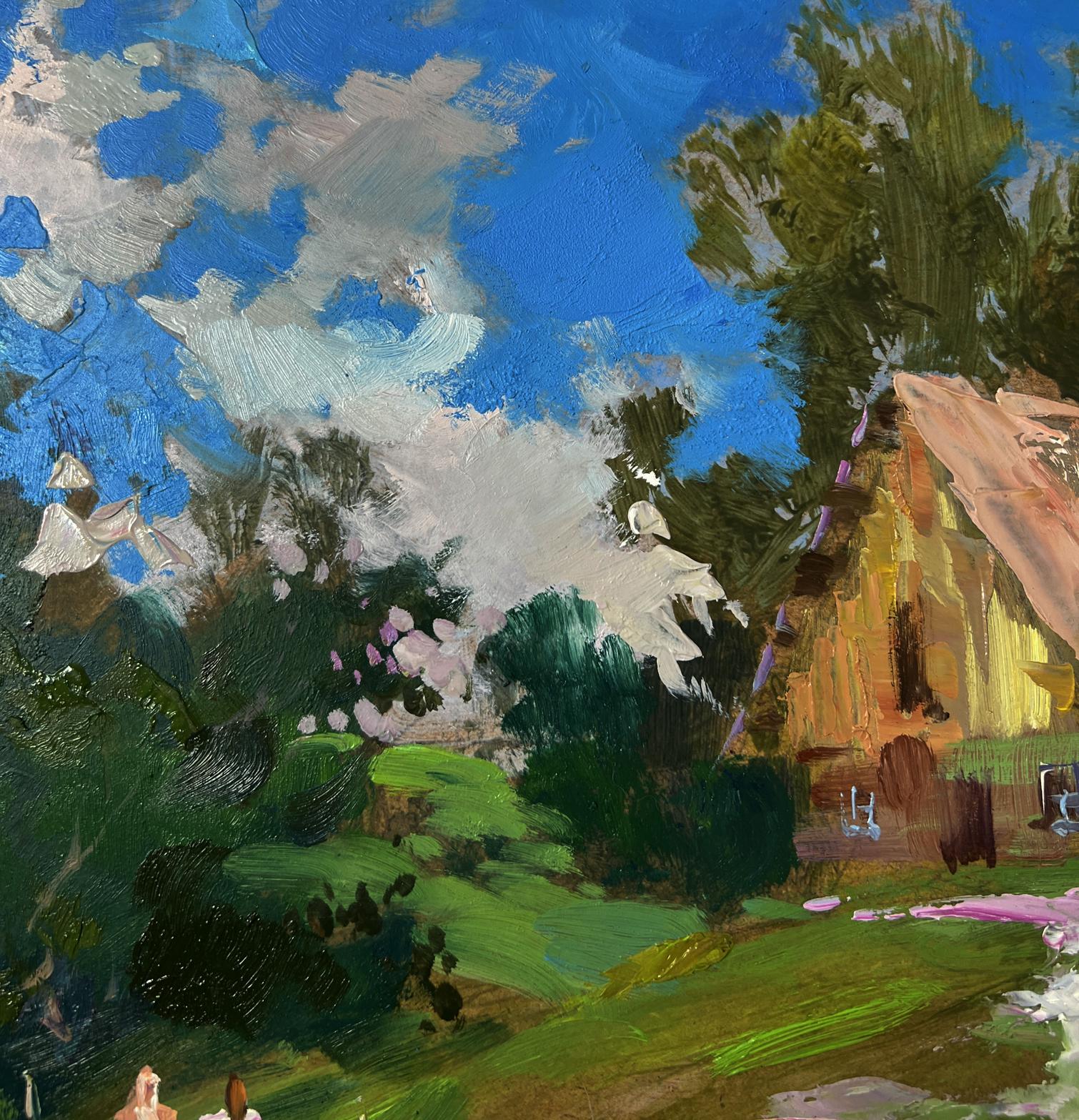 Oil painting Quiet conversations of girls by Yuriy Suprunchuk with rustic house