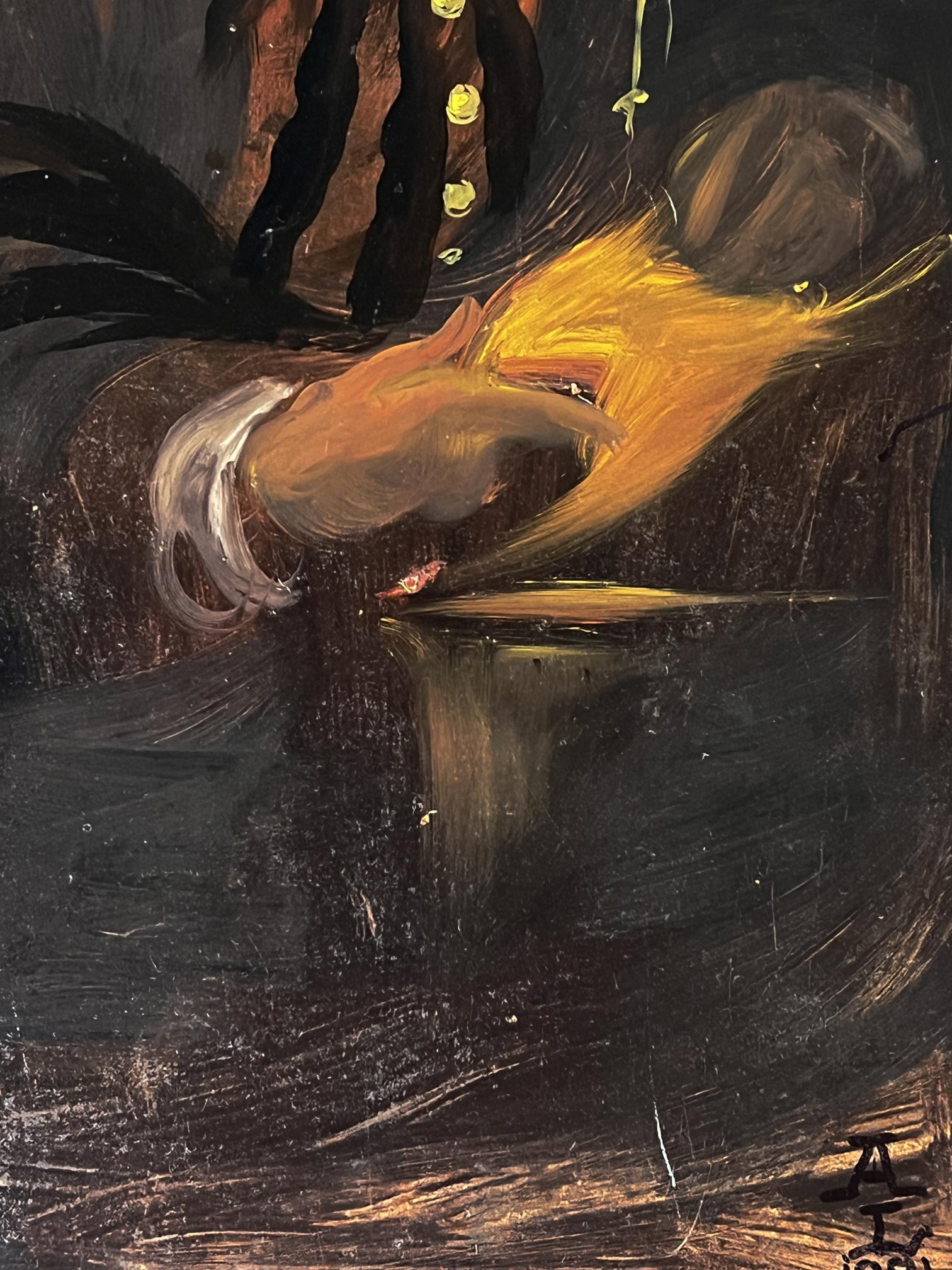 Textured oil painting of mustached man by Alexander Litvinov, hand in motion