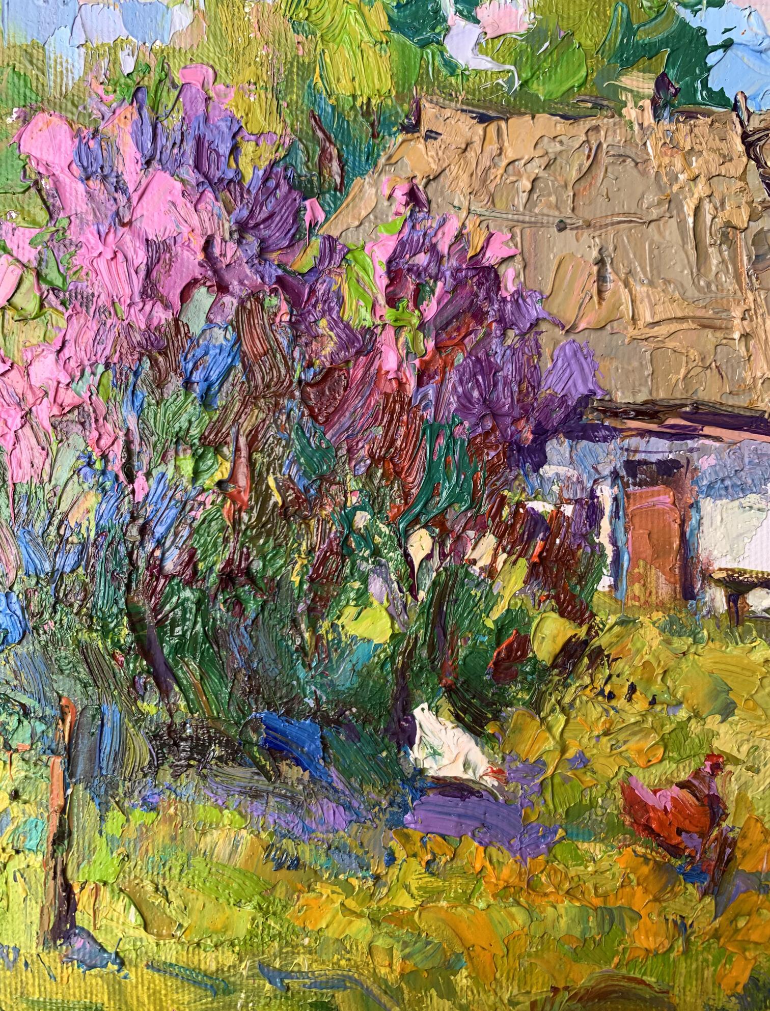 Vibrant impressionist oil painting by Oksana Ivanyuk of chickens grazing amid lush pink purple flowering bushes before thatched-roof cottage