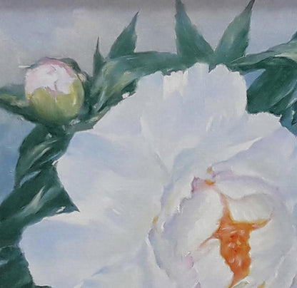 Oil painting of delicate white peony in bloom by Vasily Korkishko