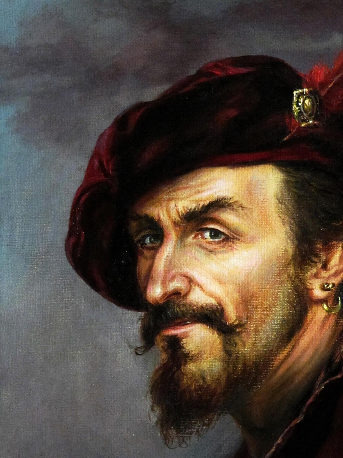 Oil painting of crimson velvet hat with gold emblem, red feather by Valeriy Bulat