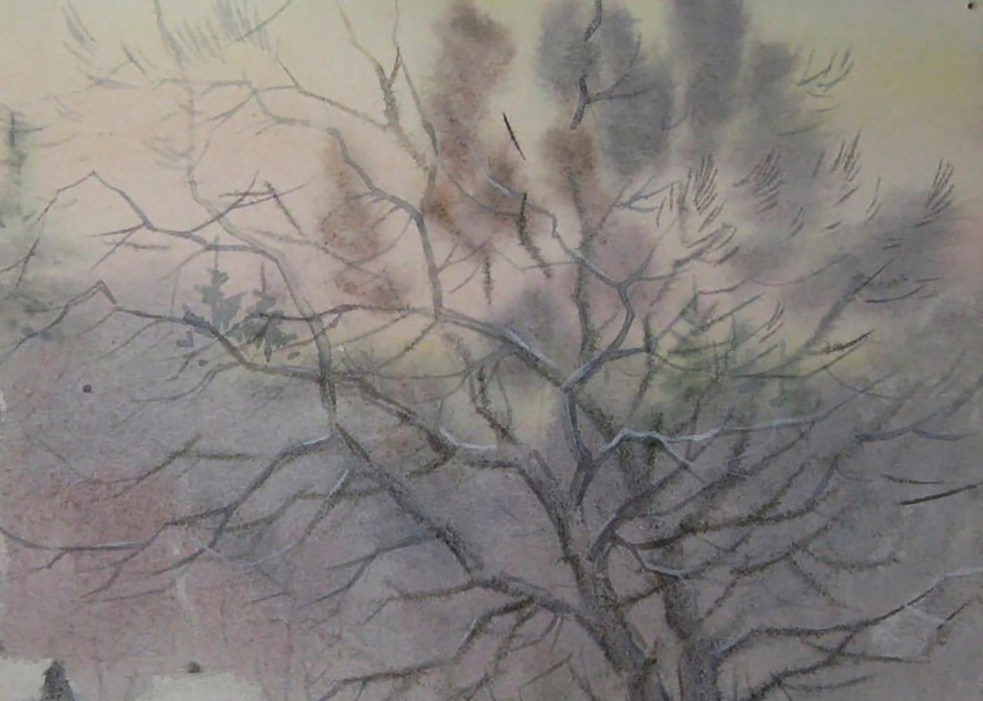 Watercolor painting of bare tree by Valery Savenets, winter village scene
