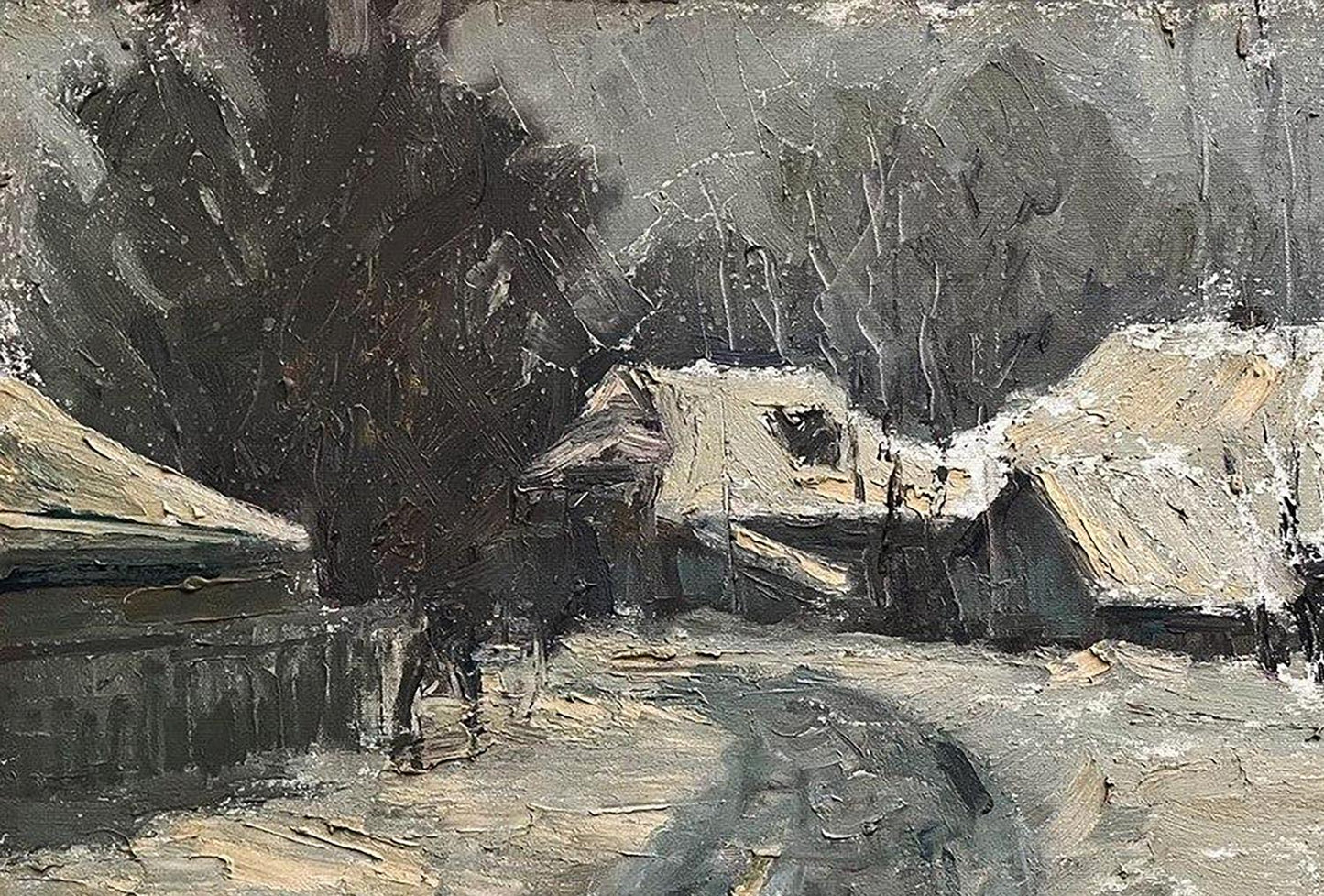 Oil painting Winter in the village by Volodymyr Pashchenko snowy scene