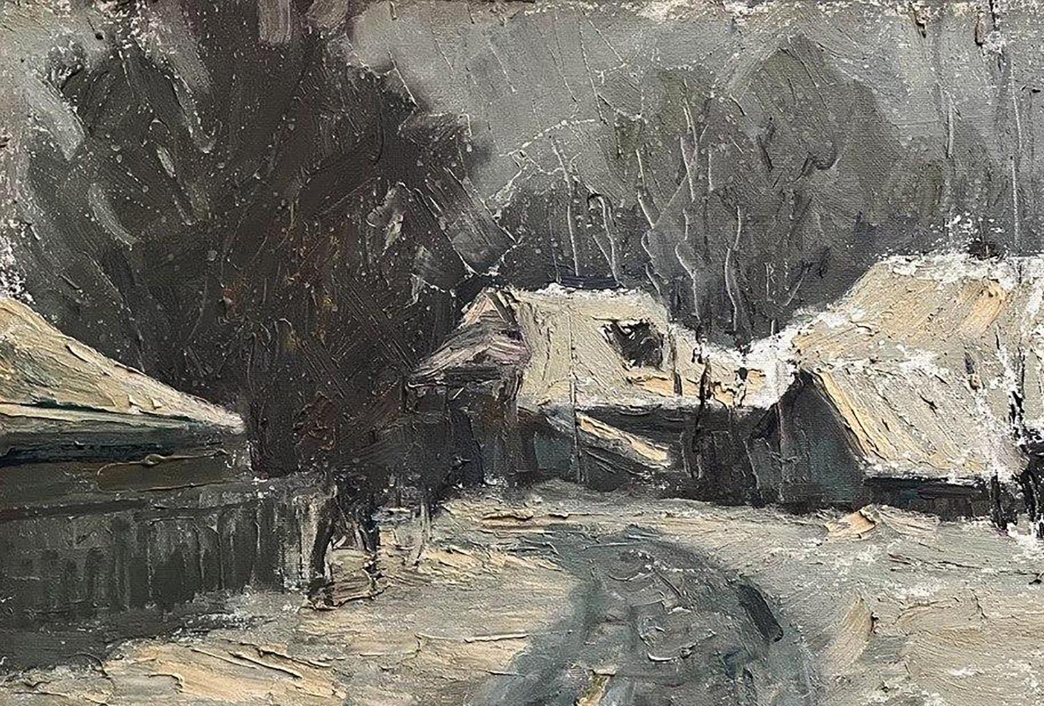 Oil painting Winter in the village by Volodymyr Pashchenko snowy scene