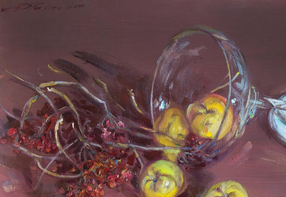 Oil painting Forgotten Fruits by Leonid Pavlenko: glass bowl with yellow apples, red berries on maroon background