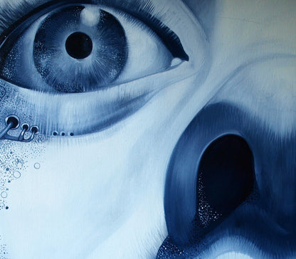 Surreal blue-toned oil painting Memory by Konsta G. Amelinn with expressive eye