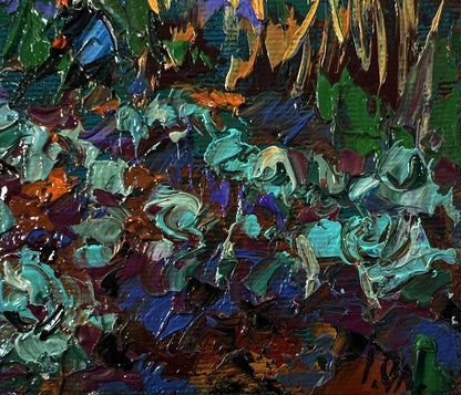 Vibrant Oleksiy Ivanyuk country garden oil painting in teal, green, purple, orange