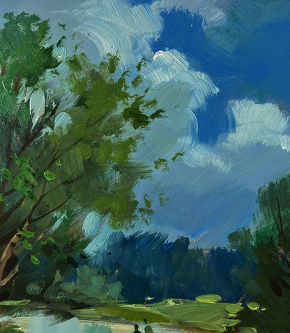 Vibrant impressionist oil painting of lush green trees, blue sky, bridge over river by Yuriy Suprunchuk