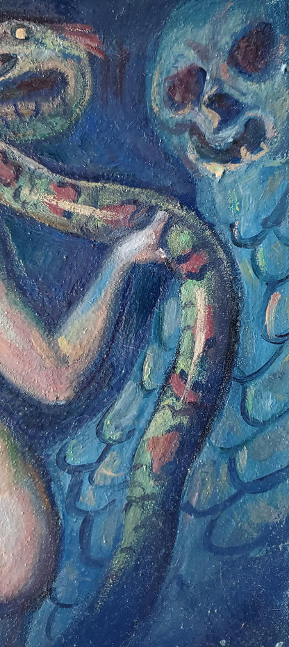 Oil painting Visions of the Creature by Daniil Litvinov: green red serpent on arm