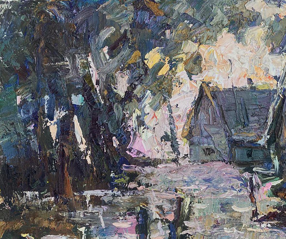 Oil painting Country Night by Oleksiy Ivanyuk rustic village scene