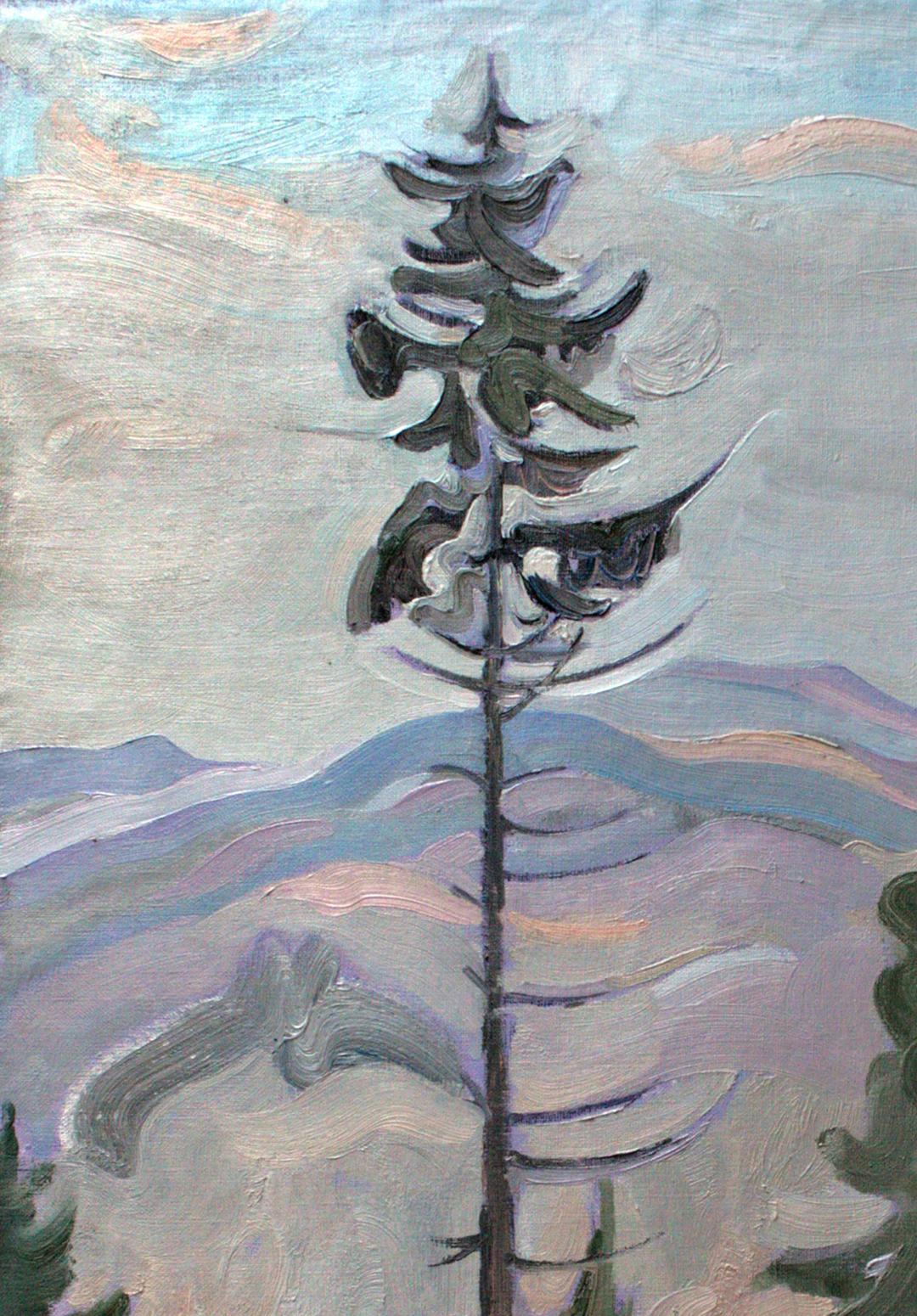 Oil painting Spruce by Leonid Pavlenko: tall pine in purple hills