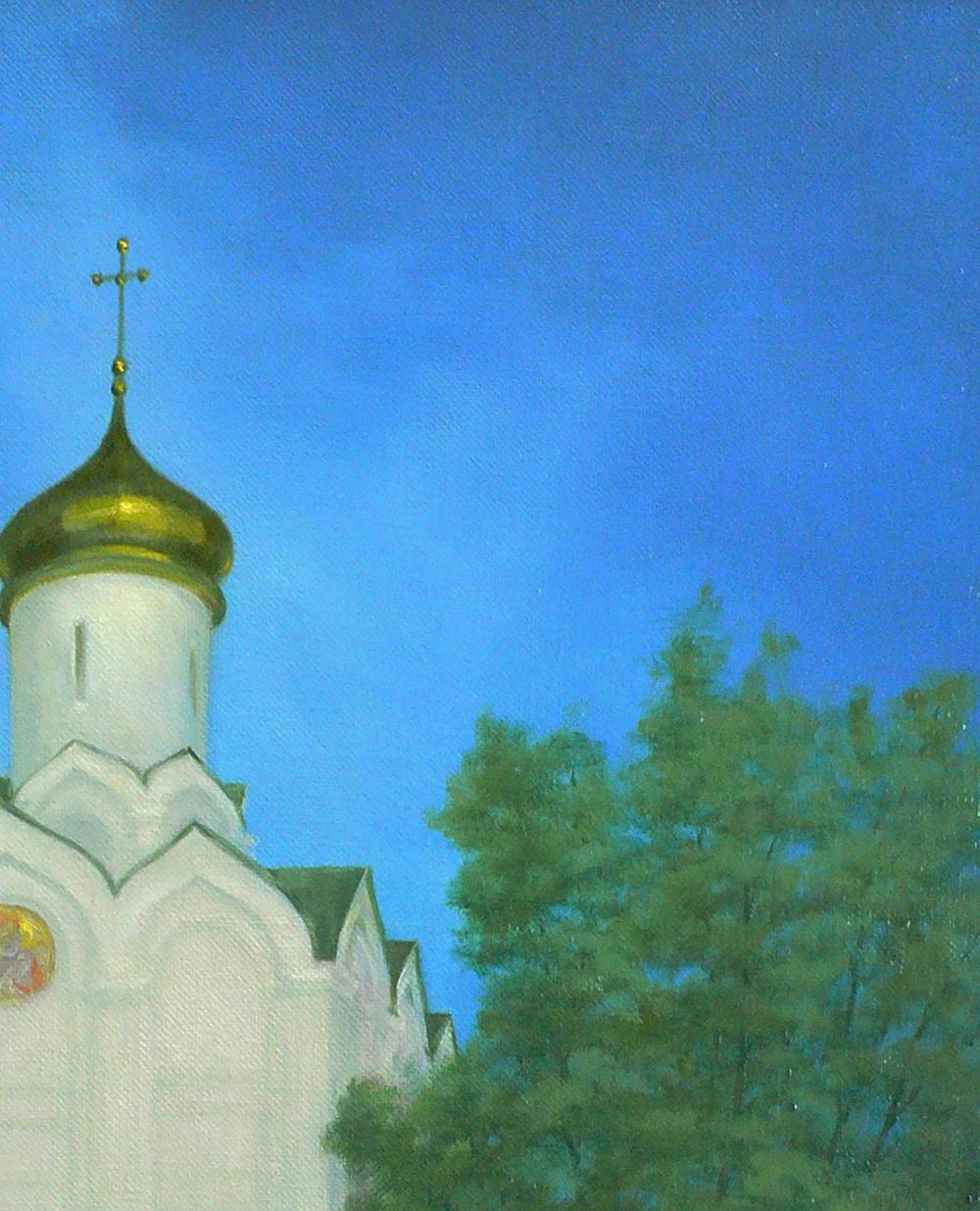 Oil painting of white Church of St. Nicholas with golden dome against blue sky by Vasily Korkishko