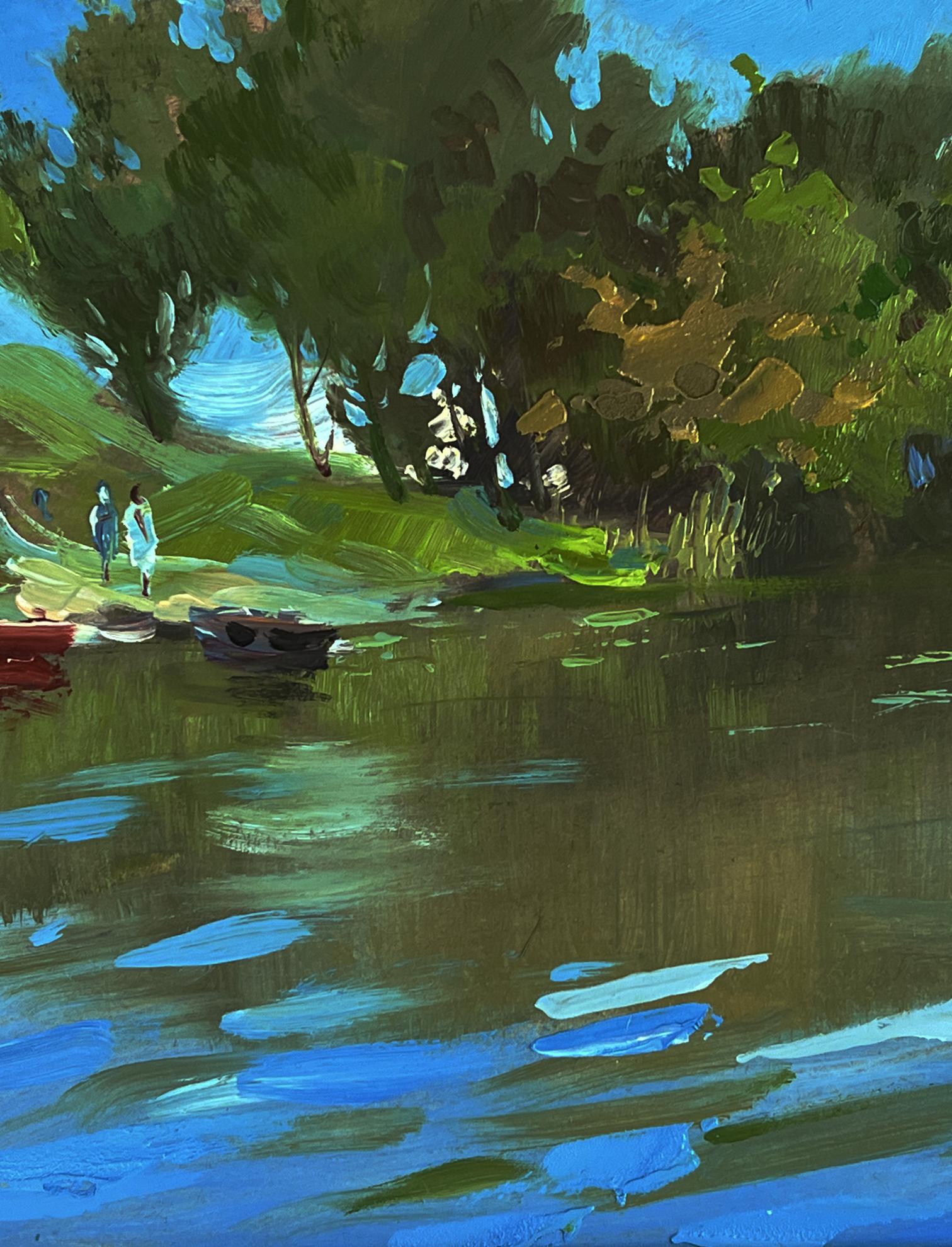 Vibrant impressionist oil painting Boats in the River by Yuriy Suprunchuk