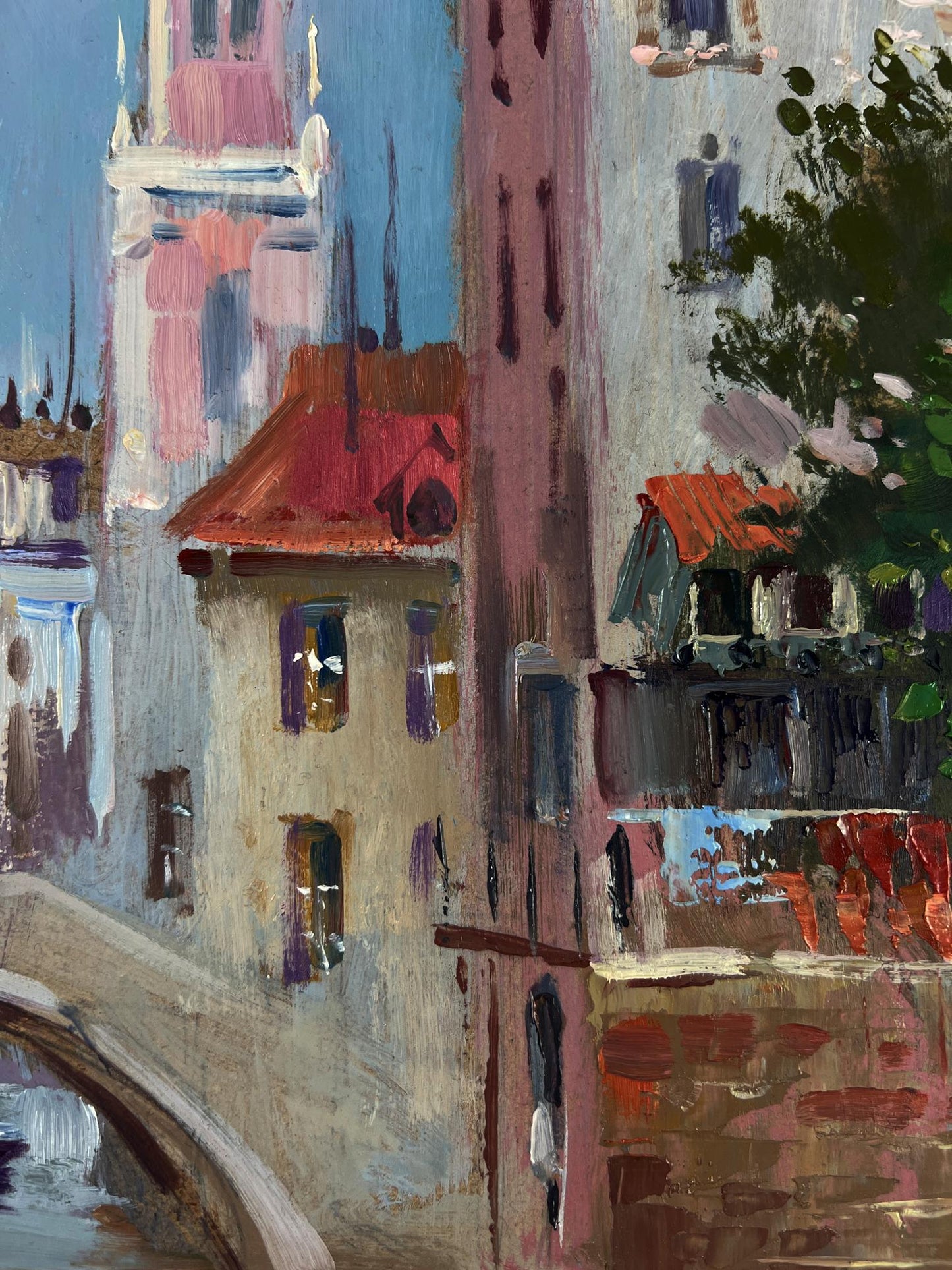 Vibrant impressionist oil painting of Venetian canal by Yuriy Suprunchuk