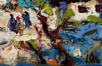 Oil painting Edge of the village by Oleksiy Ivanyuk, vibrant blue green red strokes