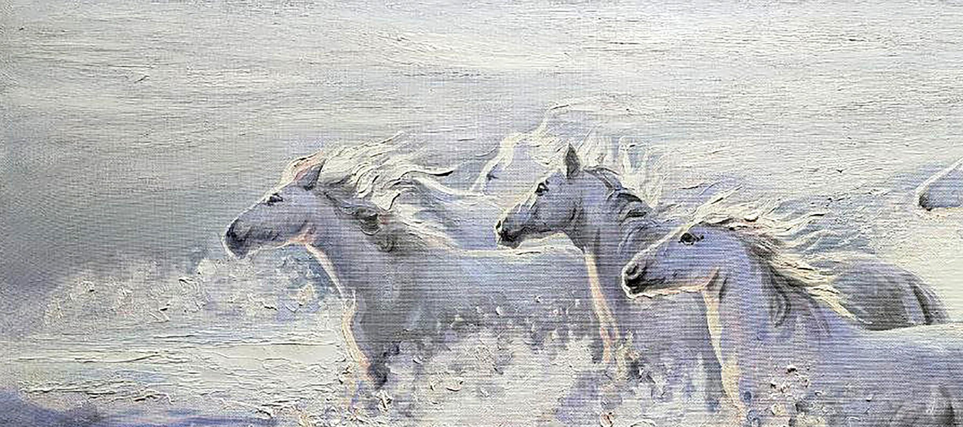 Oil painting Morning Jogging by Leonid Pavlenko: three white horses galloping