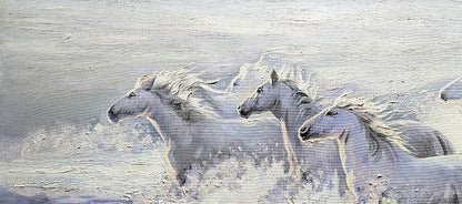 Oil painting Morning Jogging by Leonid Pavlenko: three white horses galloping