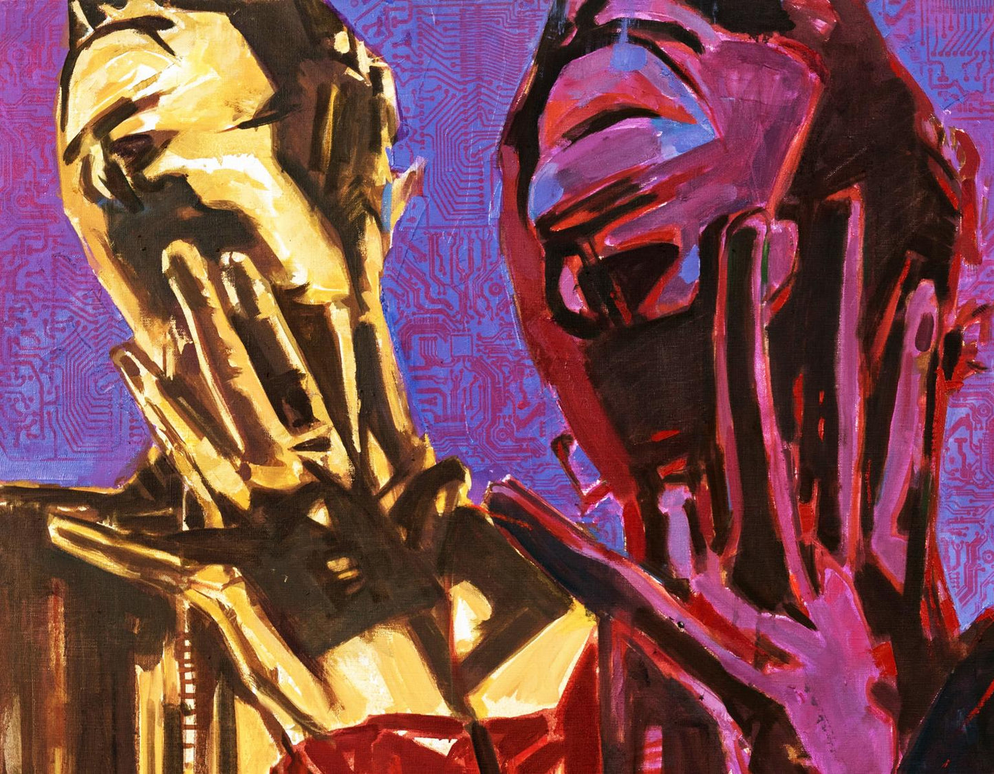Vibrant Theater Ed Potapenkov acrylic painting with gold magenta figures on purple circuit background