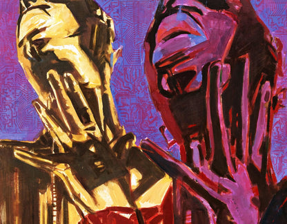 Vibrant Theater Ed Potapenkov acrylic painting with gold magenta figures on purple circuit background