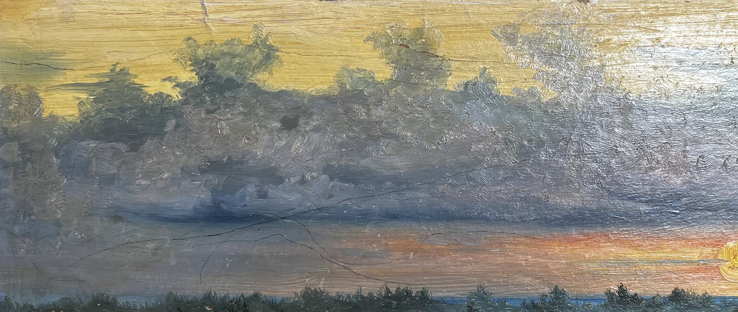 Oil painting Sunset by Nikolay Sorokin: sunset sky over silhouetted trees