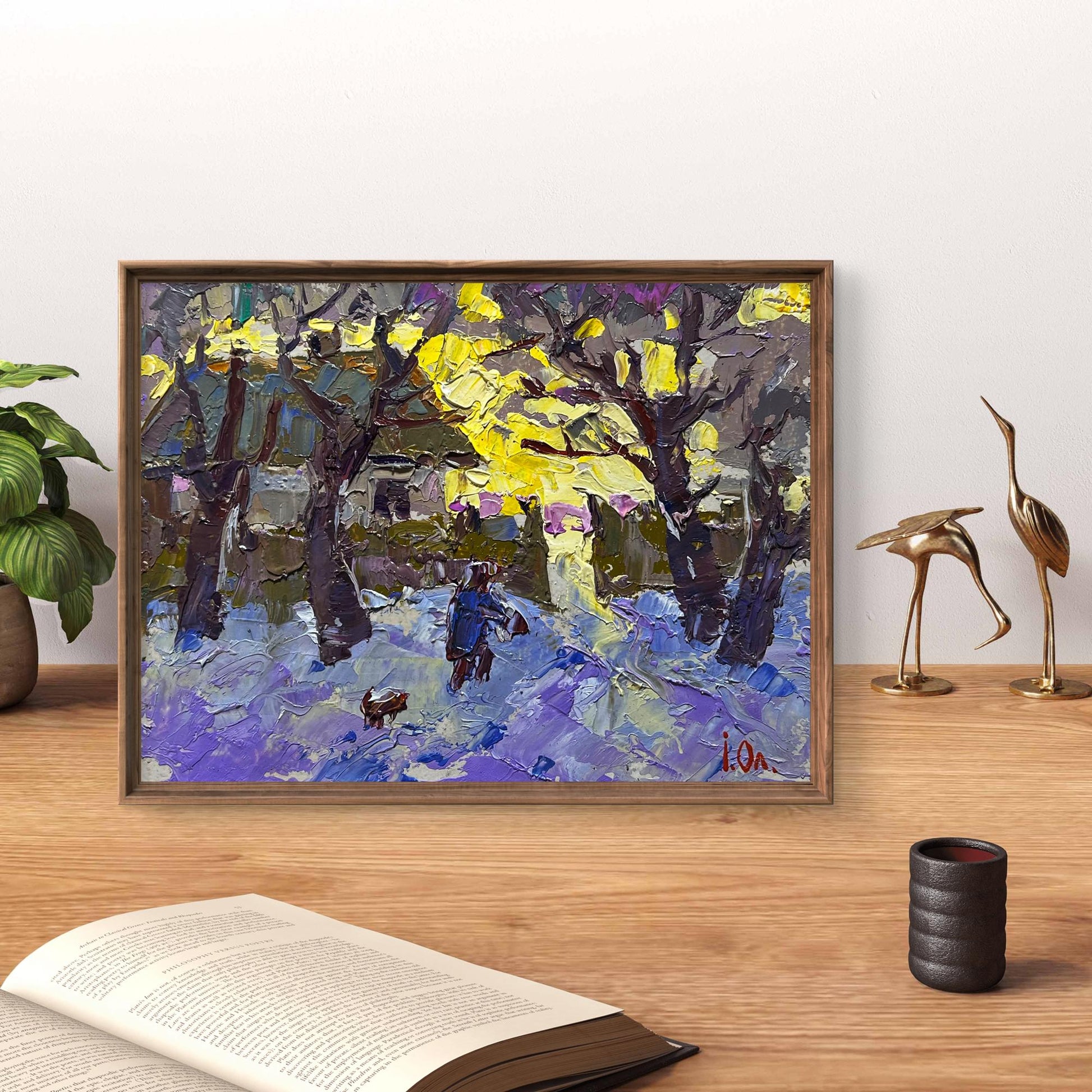 Oil painting Over the Evening by Oleksiy Ivanyuk, textured figure in yellow purple trees