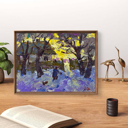 Oil painting Over the Evening by Oleksiy Ivanyuk, textured figure in yellow purple trees