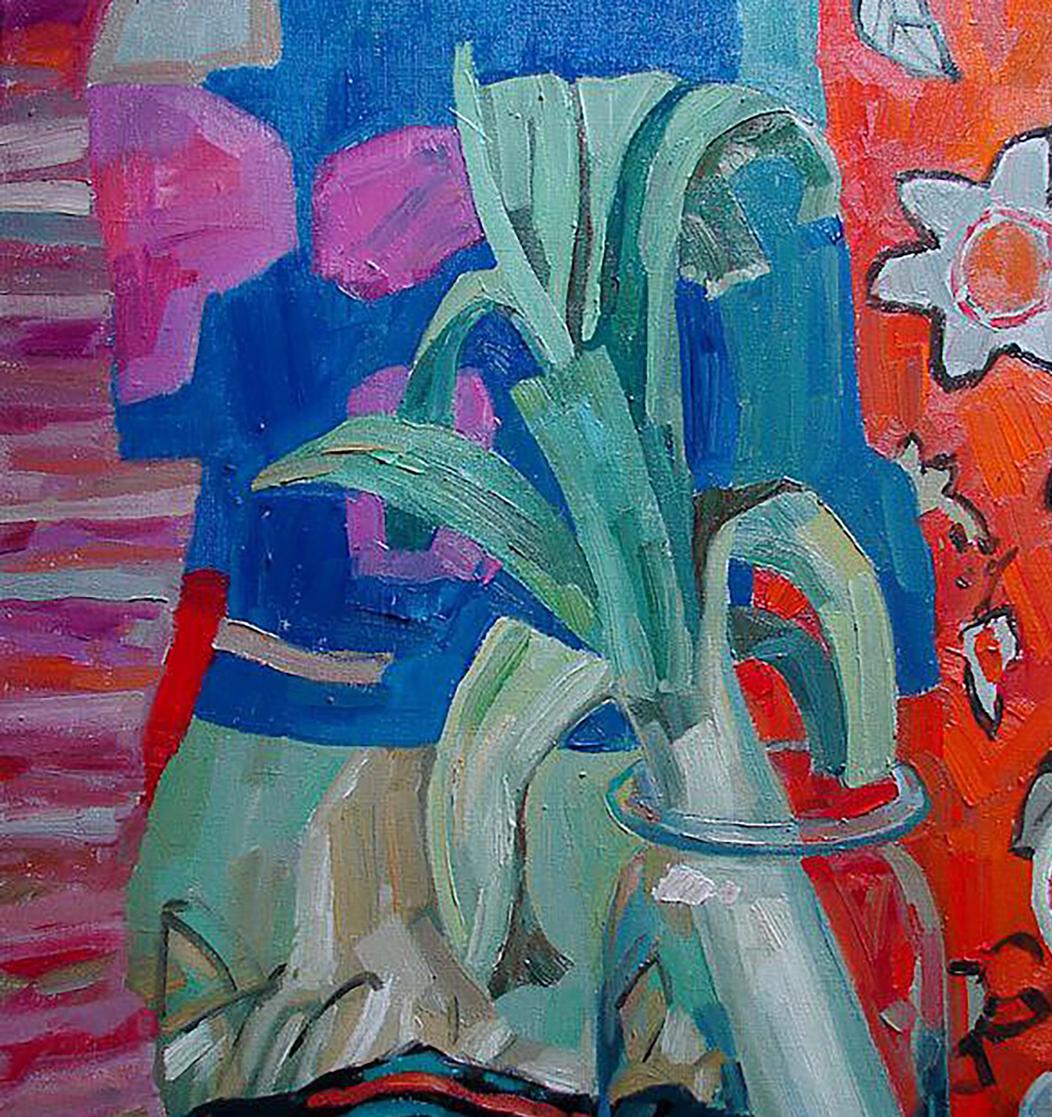 Oil painting still life with onion by Tatyana Shulyak vibrant green plant in vase