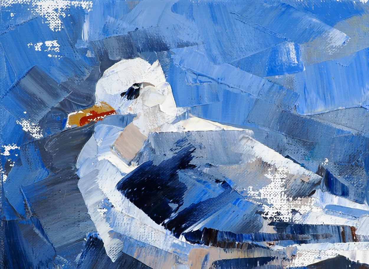 Textured impressionist oil painting of seagull by Volodymyr Gluhomanyuk