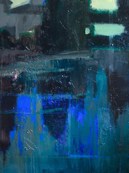 Oil painting Above the Lake by Natalia Korf-Ivaniuk with blue teal brushstrokes